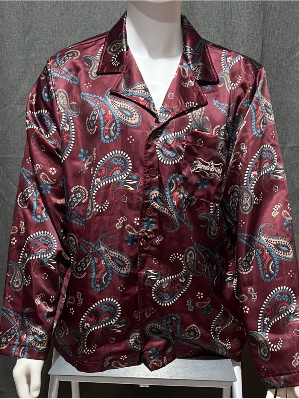 Men’s Snoop Dogg Burgundy Paisley Satin Button-Down Shirt and Pants PJs XL